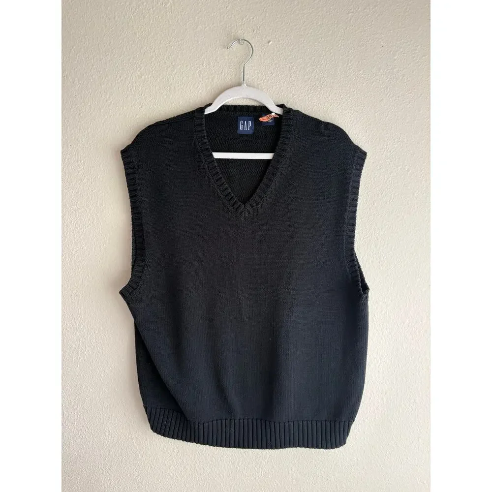 Vintage y2k Gap Black Sweater Vest 100% Cotton twee minimalist neutral winter